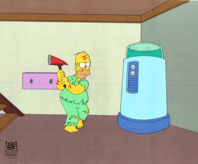 Homer attacks his rival, or the water softener.